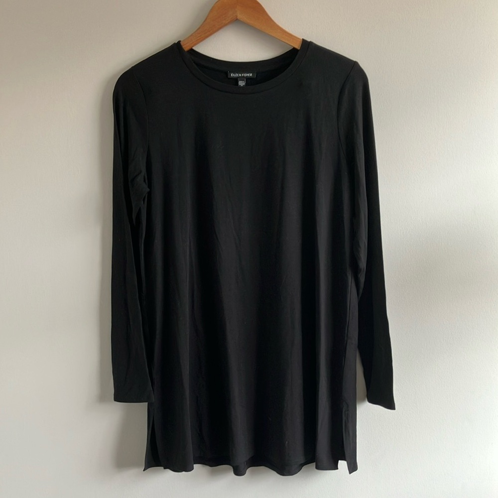 Eileen Fisher Classic Black long sleeve jersey knit tunic top black size medium